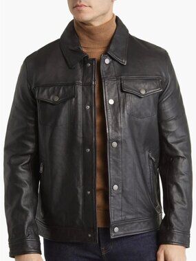FRYE Men's Dark Brown Lamb Leather Trucker Jacket - Medium